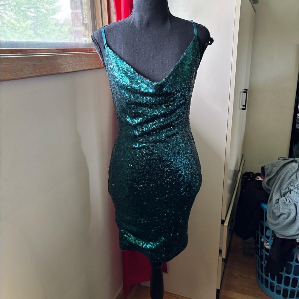 Fashion Nova Green Sequin Asymmetrical Mini Dress